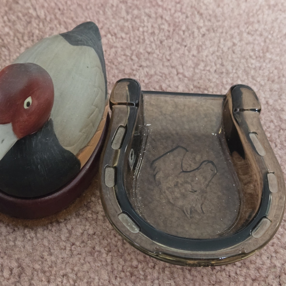 Avon Duck Figurine with Horseshoe Ashtray - Red, Black, Brown